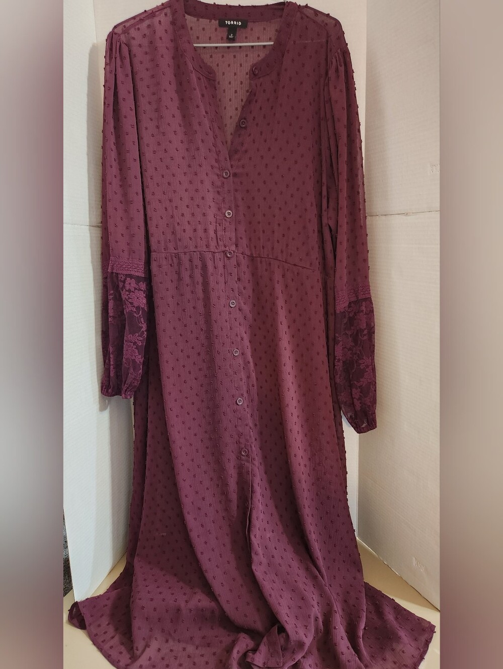 Torrid plum button-front maxi dress/top with lace cuff details